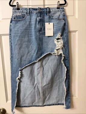 VICI Light Blue Distressed Denim Midi Skirt